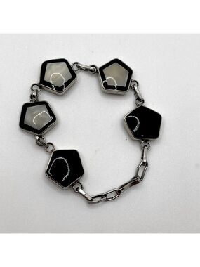 Vtg MOP Mother Of Pearl Inlay Silver Tone Hexagon Geometric Link Bracelet 6.5”